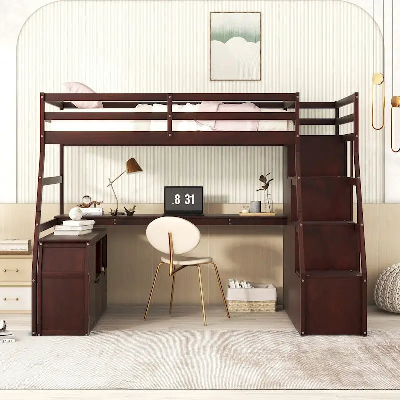 Twin Size Loft Bed with 7 Drawers 2 Shelves and Desk