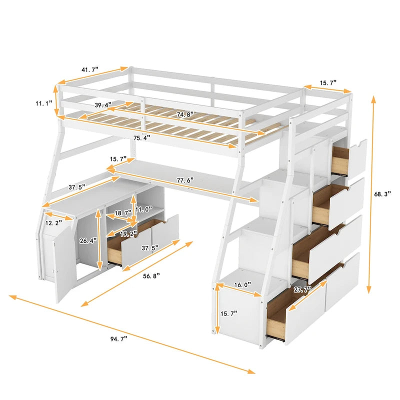 Twin Size Loft Bed with 7 Drawers 2 Shelves and Desk