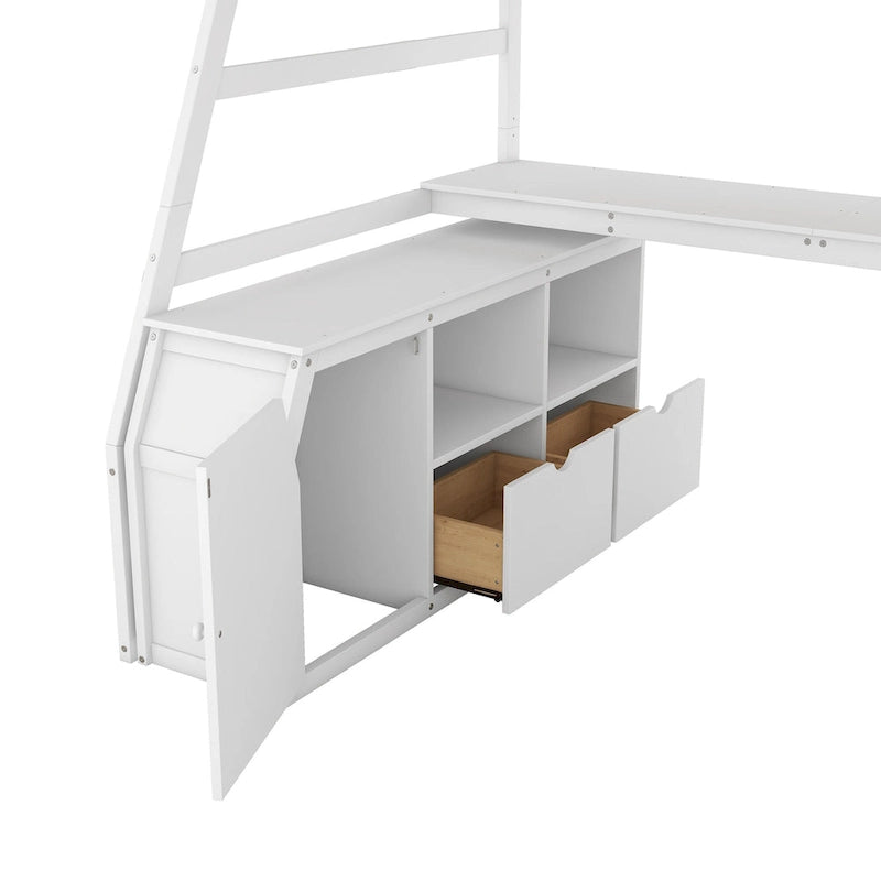 Lit mezzanine 1 place avec 7 tiroirs, 2 étagères et bureau