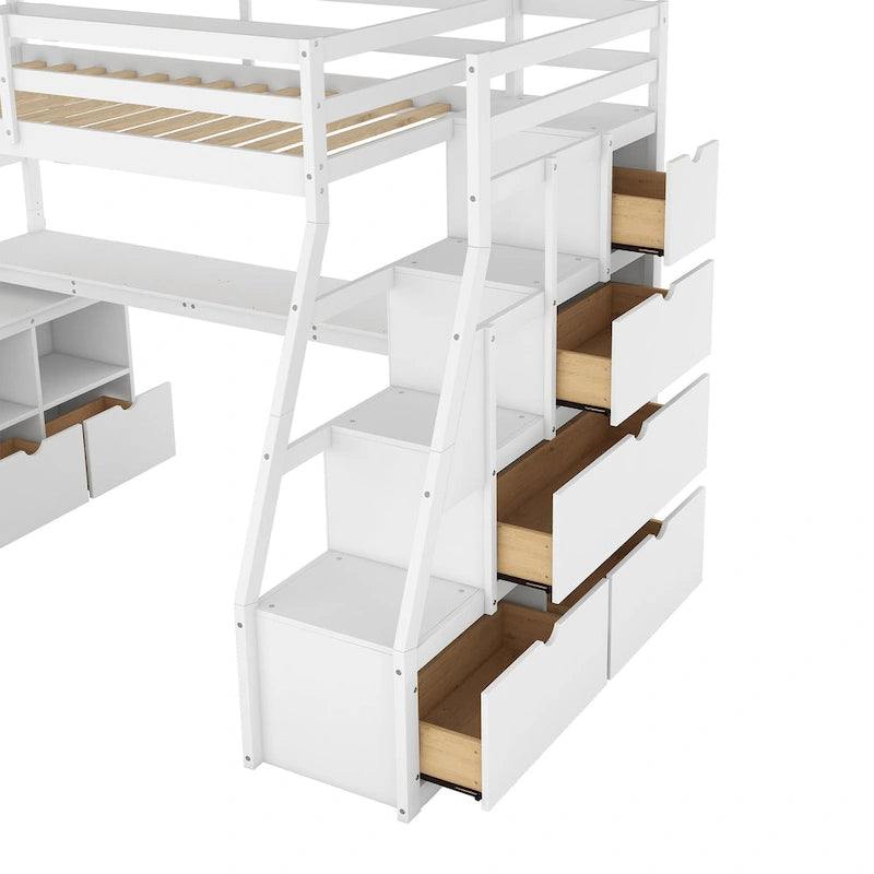 Lit mezzanine 1 place avec 7 tiroirs, 2 étagères et bureau
