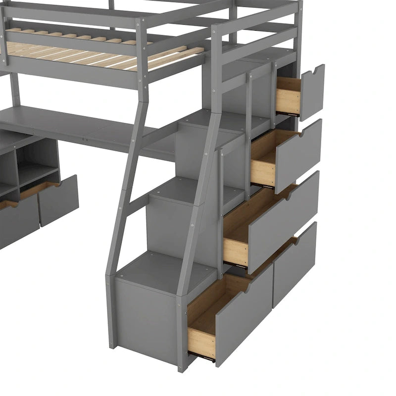 Lit mezzanine 1 place avec 7 tiroirs, 2 étagères et bureau