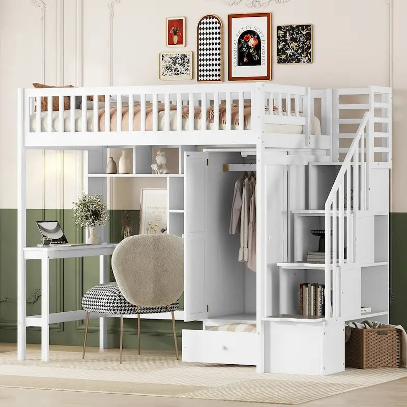 Twin size Loft Bed with Bookshelf,Drawers,Desk,and Wardrobe