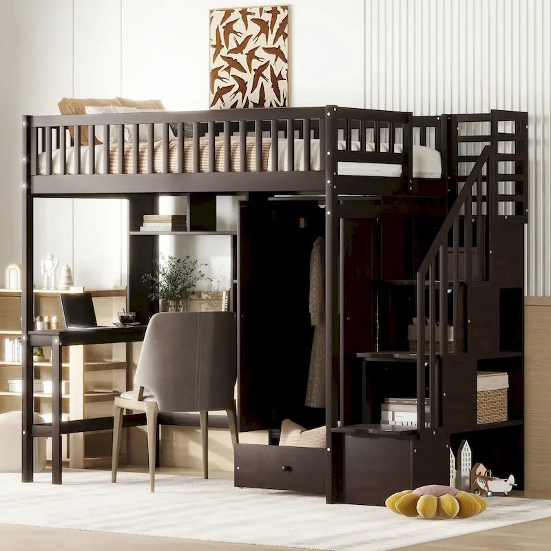 Twin size Loft Bed with Bookshelf,Drawers,Desk,and Wardrobe