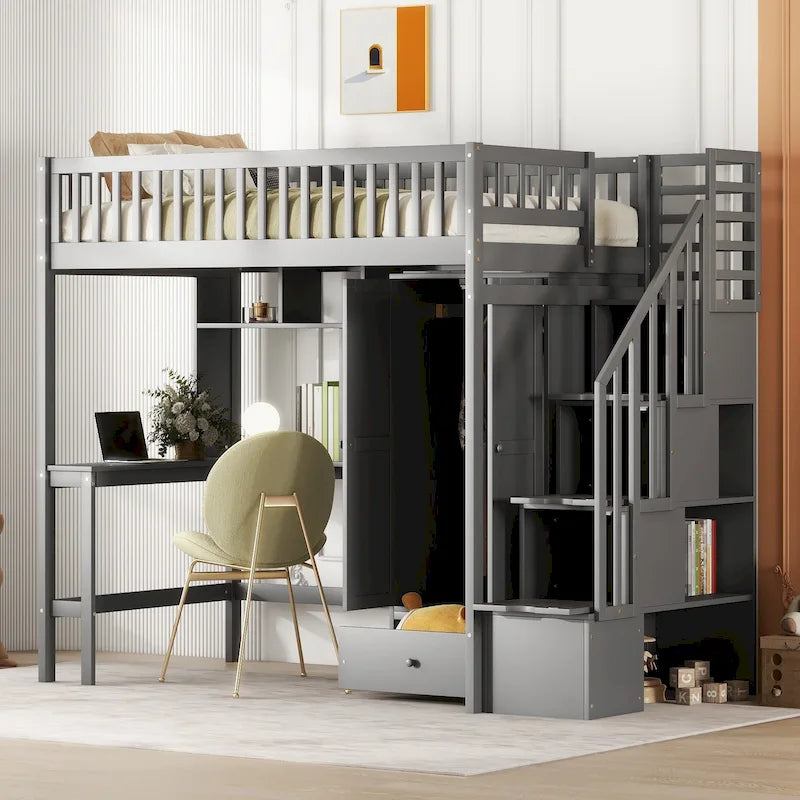 Twin size Loft Bed with Bookshelf,Drawers,Desk,and Wardrobe