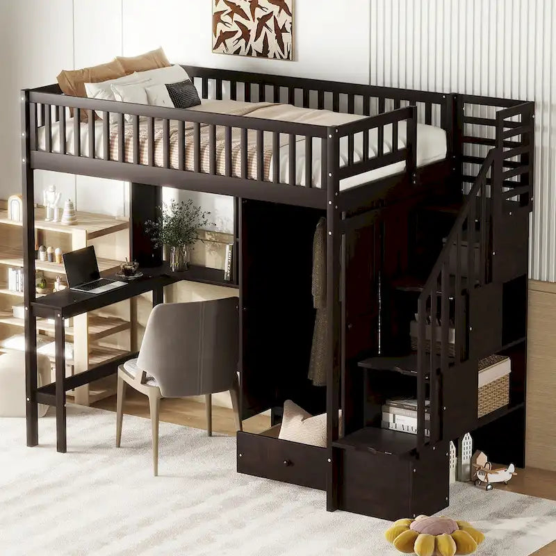 Twin size Loft Bed with Bookshelf,Drawers,Desk,and Wardrobe