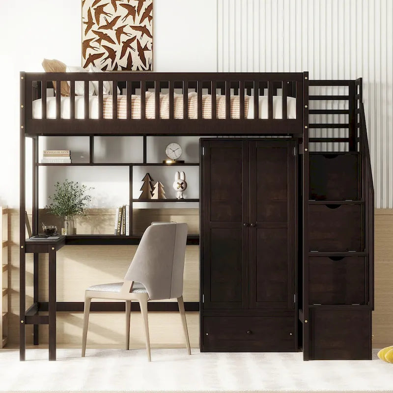 Twin size Loft Bed with Bookshelf,Drawers,Desk,and Wardrobe