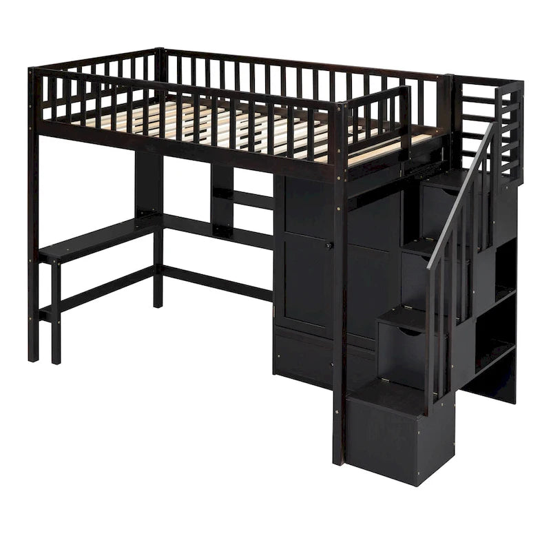 Twin size Loft Bed with Bookshelf,Drawers,Desk,and Wardrobe