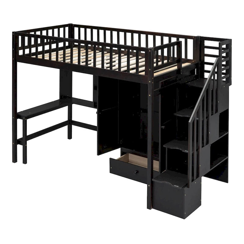 Twin size Loft Bed with Bookshelf,Drawers,Desk,and Wardrobe