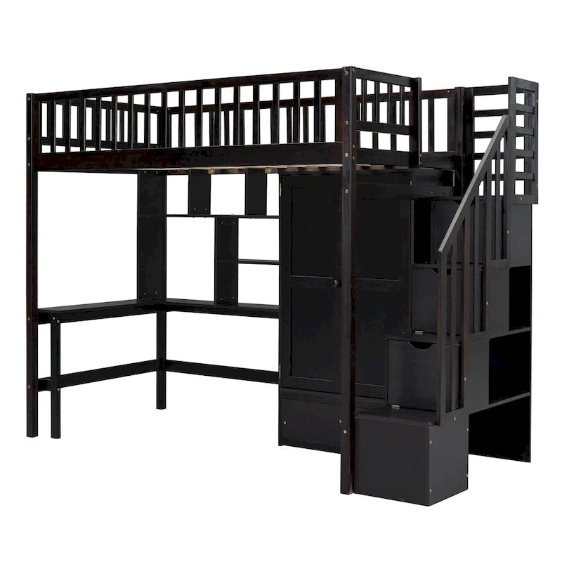 Twin size Loft Bed with Bookshelf,Drawers,Desk,and Wardrobe