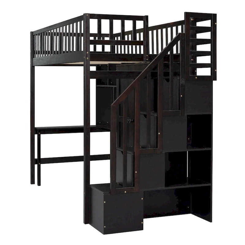 Twin size Loft Bed with Bookshelf,Drawers,Desk,and Wardrobe