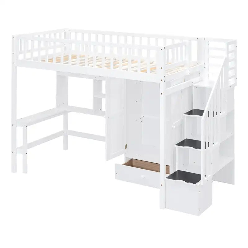 Twin size Loft Bed with Bookshelf,Drawers,Desk,and Wardrobe