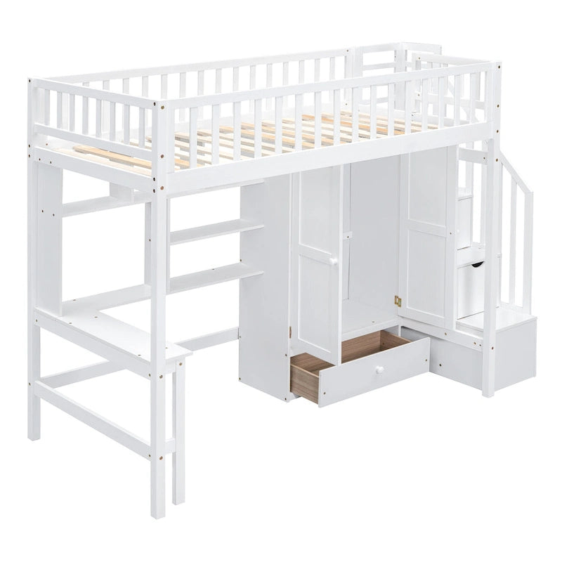 Twin size Loft Bed with Bookshelf,Drawers,Desk,and Wardrobe