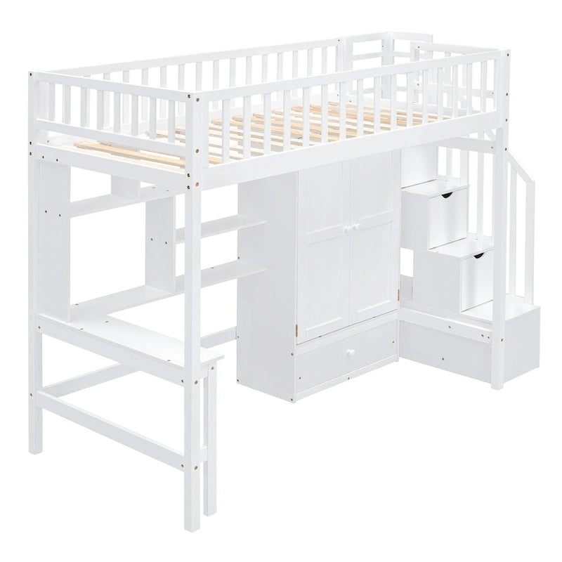 Twin size Loft Bed with Bookshelf,Drawers,Desk,and Wardrobe