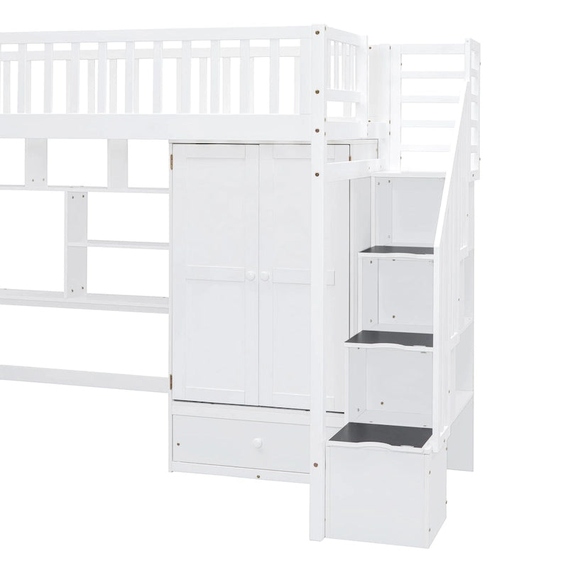 Twin size Loft Bed with Bookshelf,Drawers,Desk,and Wardrobe
