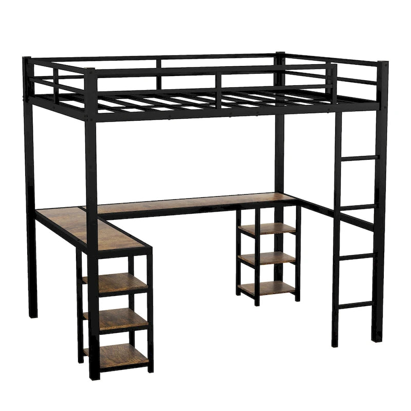 Full XL Metal Loft Bed with Desk and Shelves