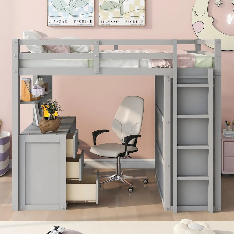 Full size Loft Bed with Drawers,Desk,and Wardrobe