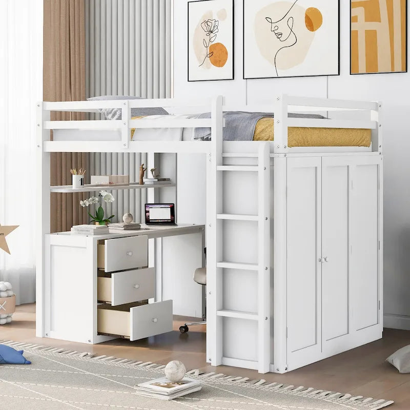Full size Loft Bed with Drawers,Desk,and Wardrobe