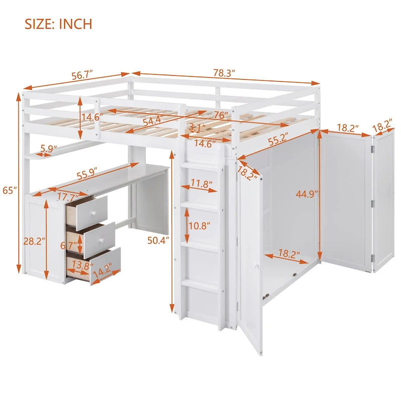 Full size Loft Bed with Drawers,Desk,and Wardrobe