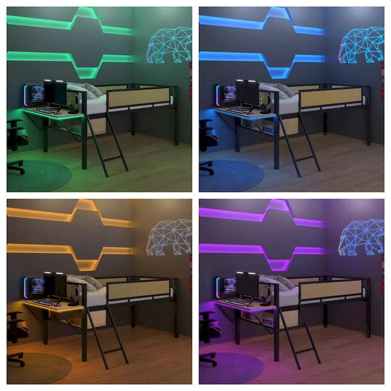 Twin Size Metal LED Loft Bed with Rectangular Desk and Storage Shelves