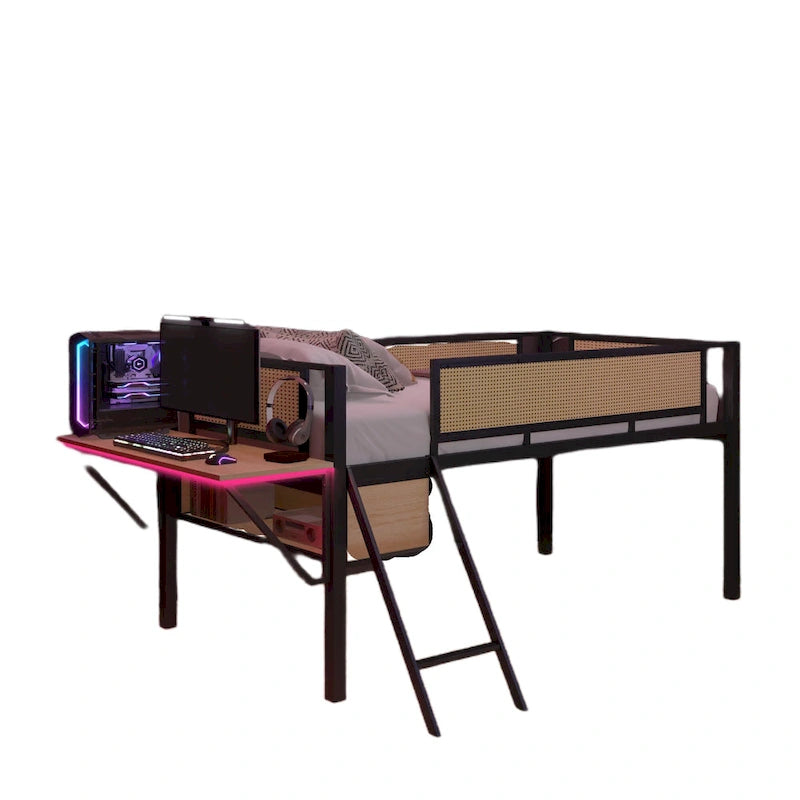 Twin Size Metal LED Loft Bed with Rectangular Desk and Storage Shelves