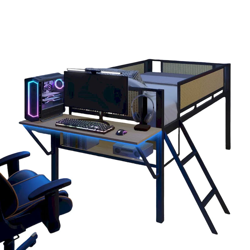 Twin Size Metal LED Loft Bed with Rectangular Desk and Storage Shelves