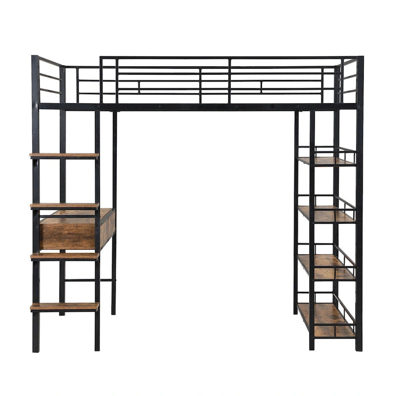Twin Size Metal Loft bed with Desk, Ladder, Fence and Shelves for Kids, Boys and Girls, Bedroom