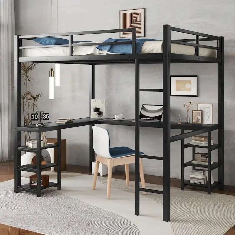 Black Full Size Metal Loft Bed with Desk and Shelves, Ladder and Guardrails