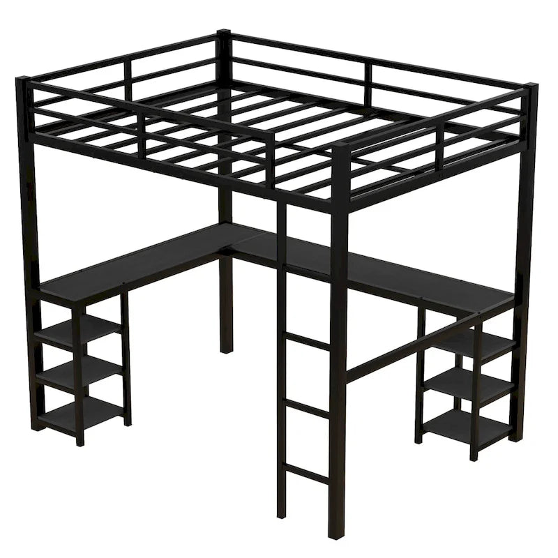 Black Full Size Metal Size Loft Bed with Desk and Shelves, Loft Bed with Ladder and Guardrails, Loft Bed Frame for Bedroom