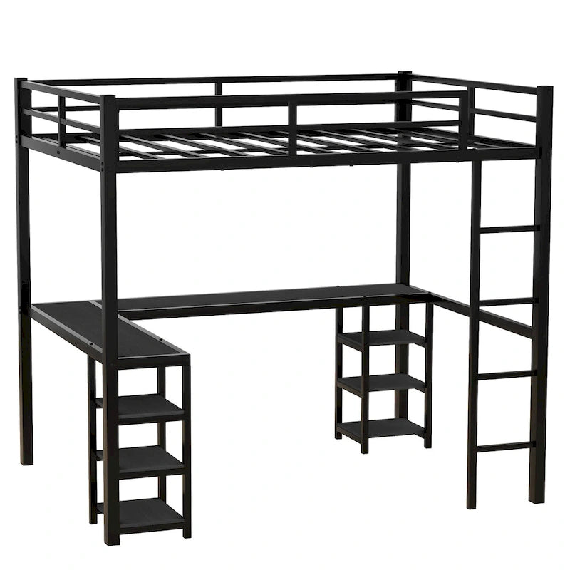 Black Full Size Metal Loft Bed with Desk and Shelves, Ladder and Guardrails