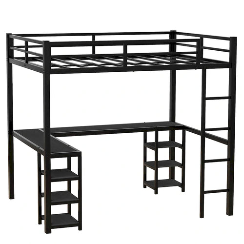 Black Full Size Metal Loft Bed with Desk and Shelves, Ladder and Guardrails
