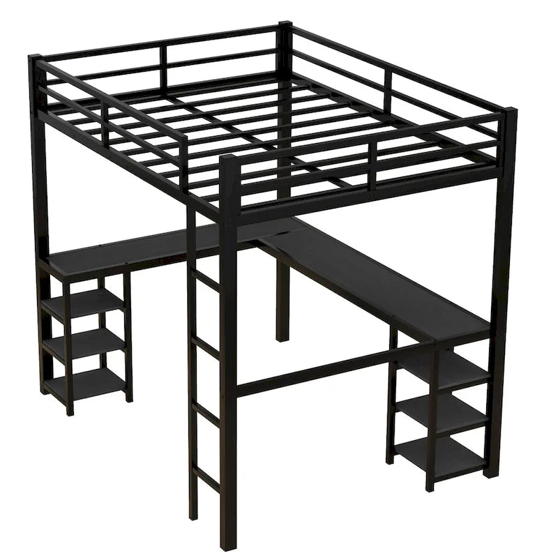 Black Full Size Metal Loft Bed with Desk and Shelves, Ladder and Guardrails
