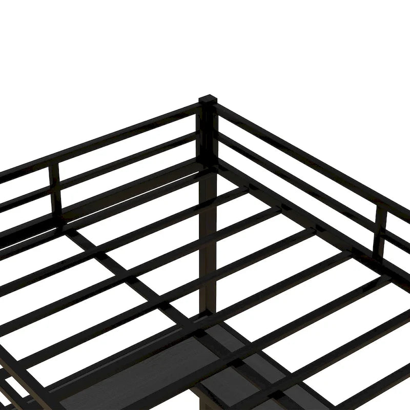 Black Full Size Metal Loft Bed with Desk and Shelves, Ladder and Guardrails
