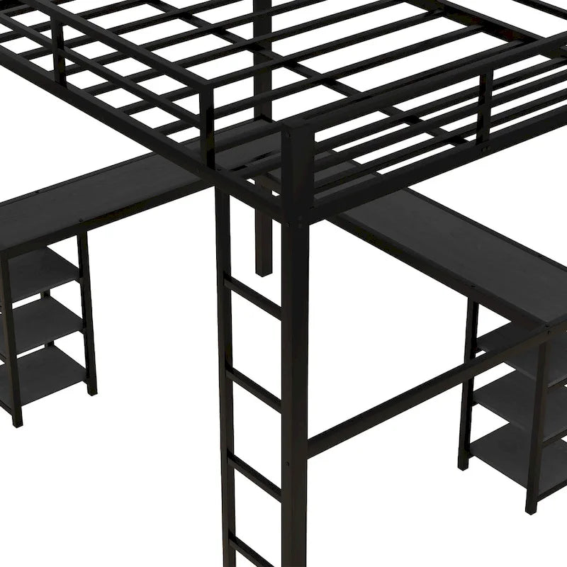 Black Full Size Metal Loft Bed with Desk and Shelves, Ladder and Guardrails