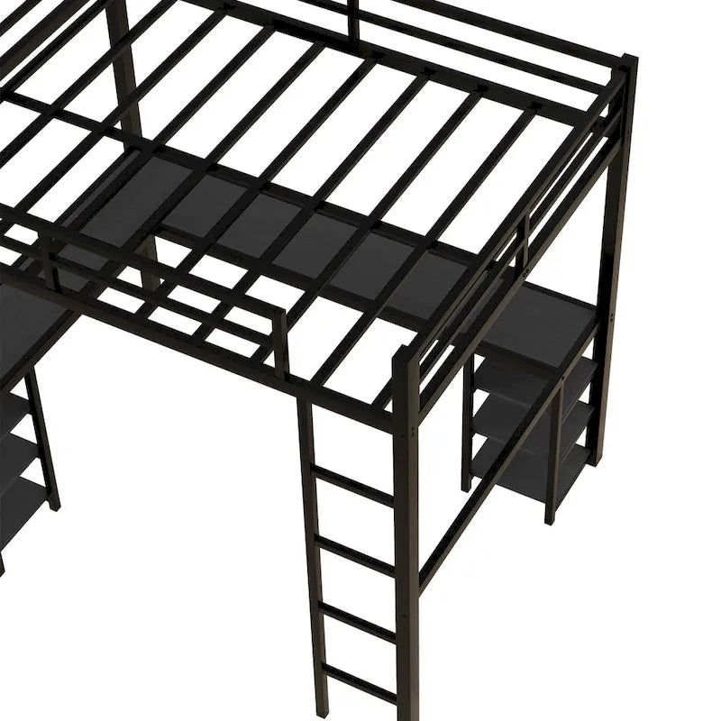 Black Full Size Metal Loft Bed with Desk and Shelves, Ladder and Guardrails