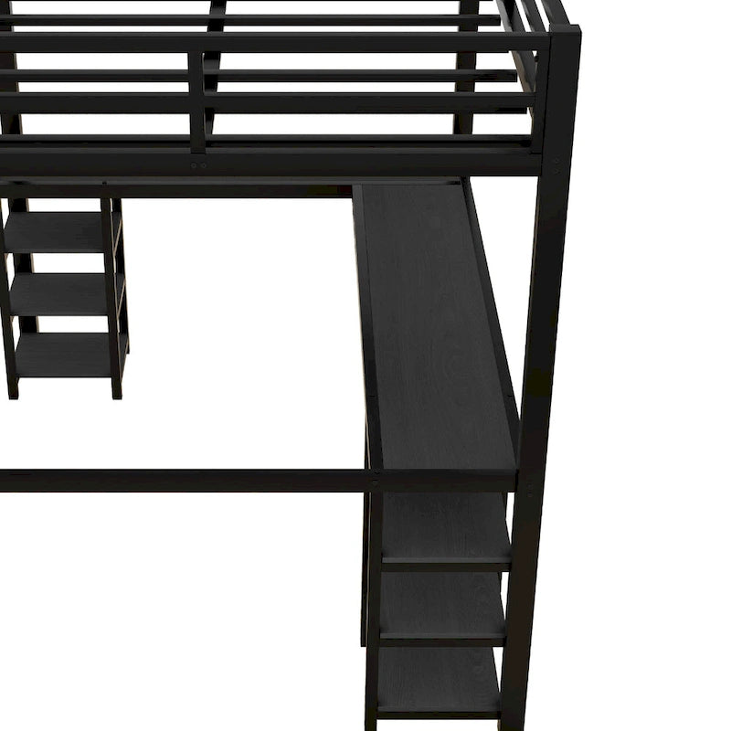 Black Full Size Metal Loft Bed with Desk and Shelves, Ladder and Guardrails