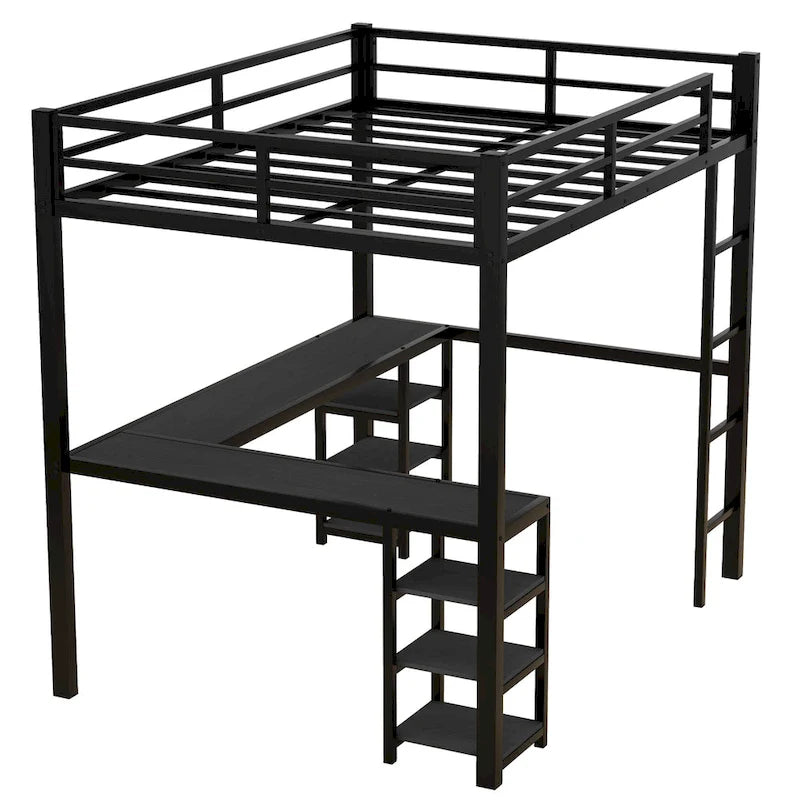 Black Full Size Metal Loft Bed with Desk and Shelves, Ladder and Guardrails