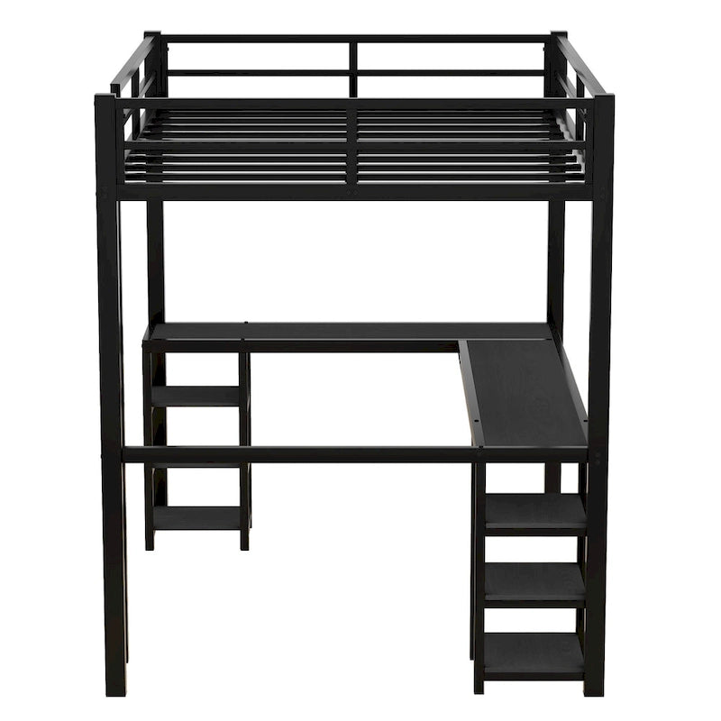 Black Full Size Metal Loft Bed with Desk and Shelves, Ladder and Guardrails