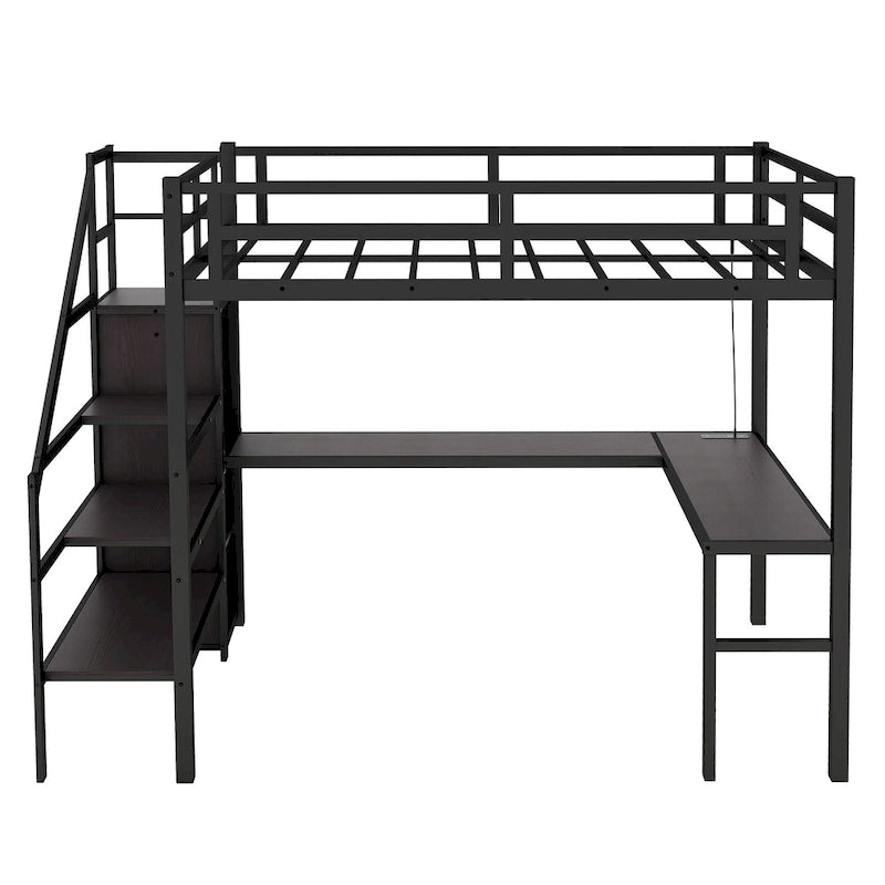 Twin XL Size Metal Loft Bed with L-shaped Desk, USB, and LED for Kids and Teens