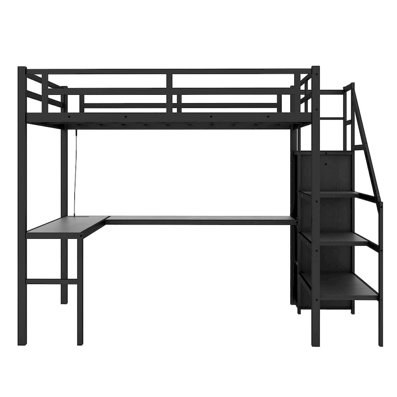 Twin XL Size Metal Loft Bed with L-shaped Desk, USB, and LED for Kids and Teens