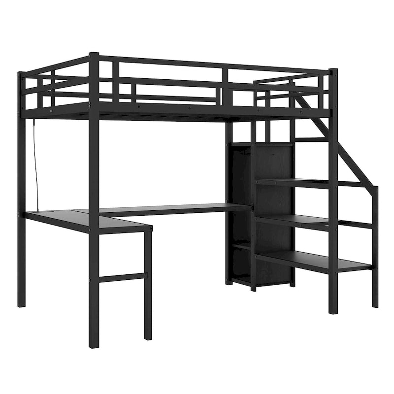 Twin XL Size Metal Loft Bed with L-shaped Desk, USB, and LED for Kids and Teens