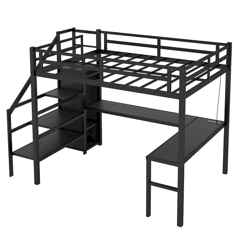Twin XL Size Metal Loft Bed with L-shaped Desk, USB, and LED for Kids and Teens