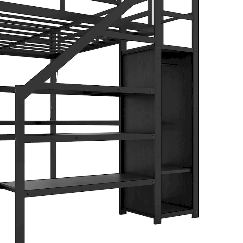 Twin XL Size Metal Loft Bed with L-shaped Desk, USB, and LED for Kids and Teens