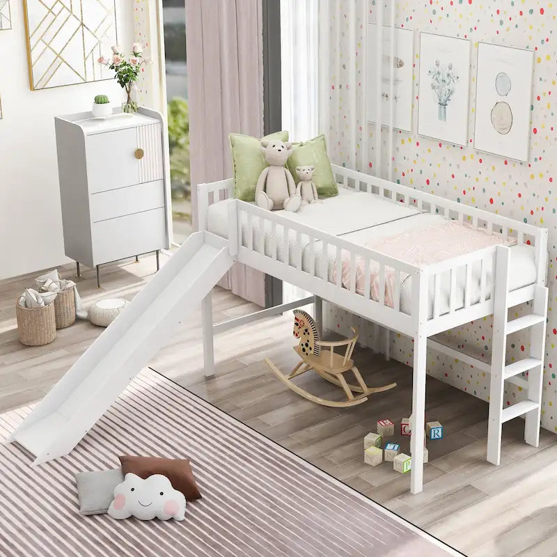 Letto rialzato basso singolo con scala e scivolo