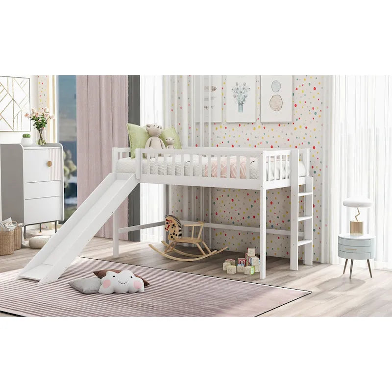 Twin Size Low Loft Bed with Ladder and Slide