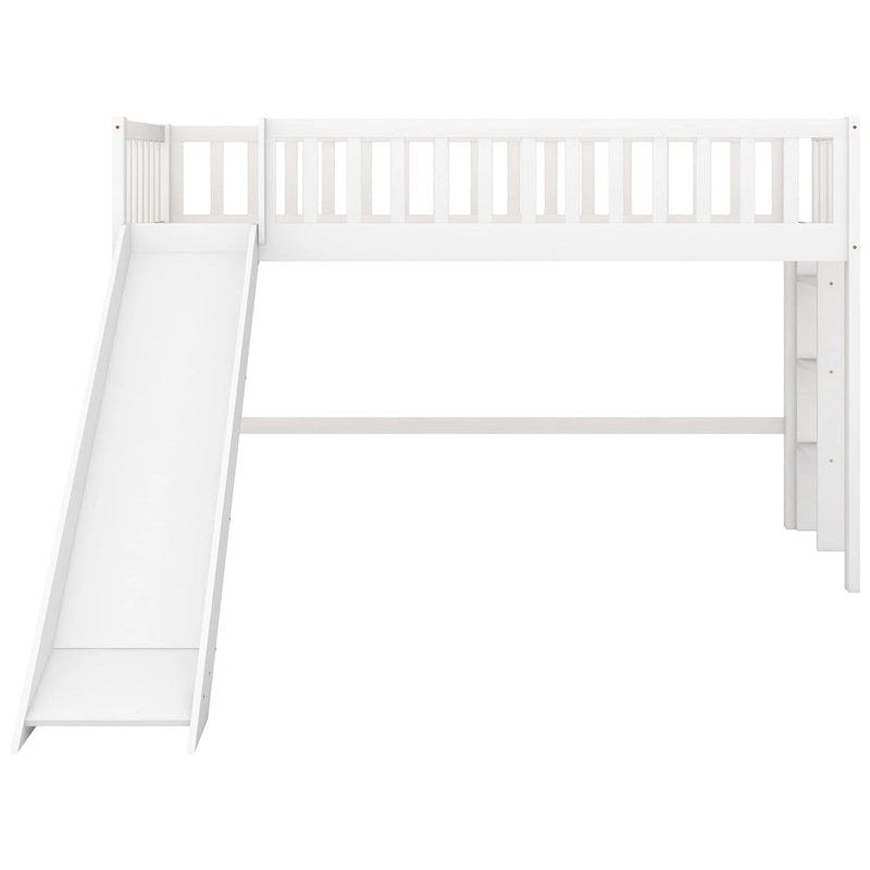 Letto rialzato basso singolo con scala e scivolo