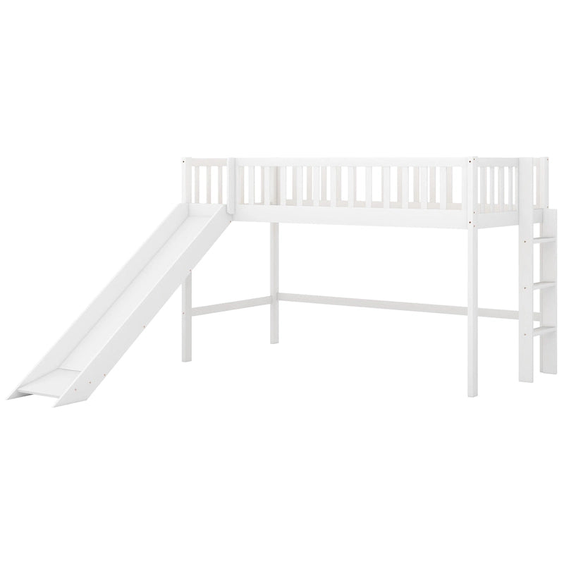 Letto rialzato basso singolo con scala e scivolo