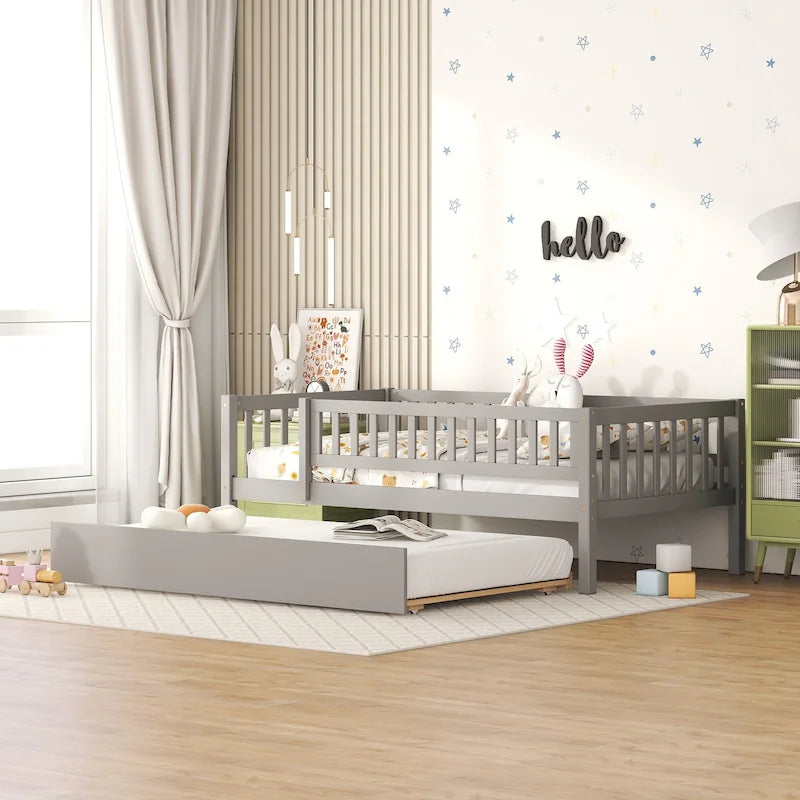 Wood Daybed with Trundle and Fence Guardrails