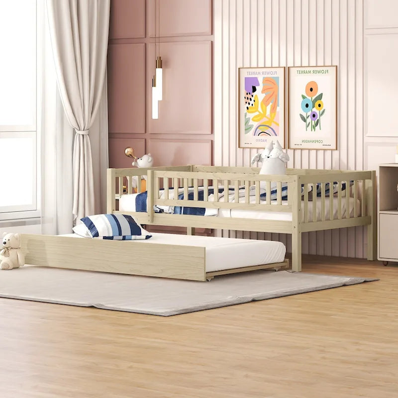 Wood Daybed with Trundle and Fence Guardrails