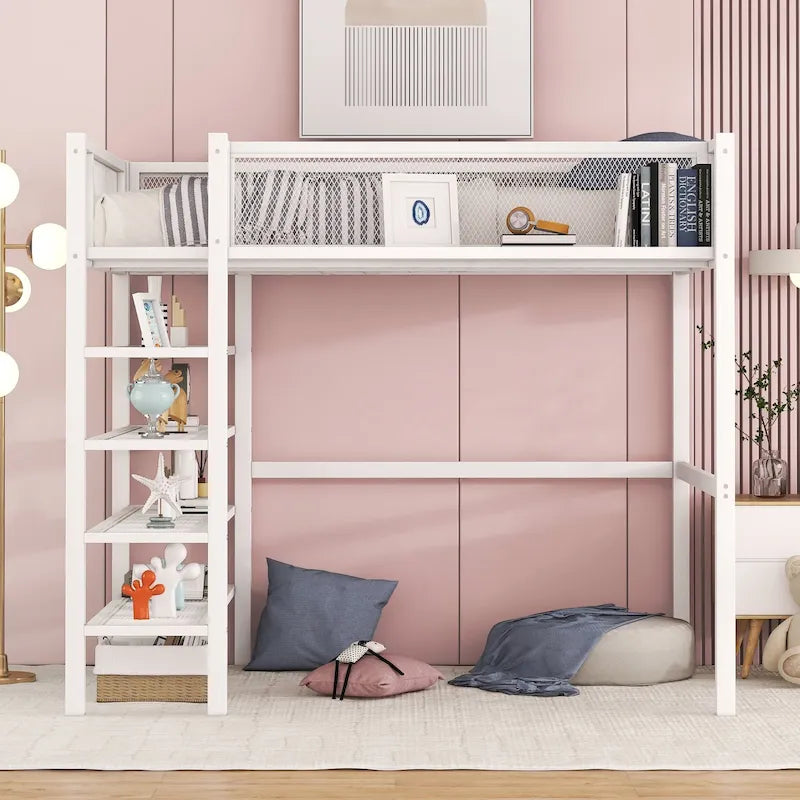 Metal Loft Bed with 4-Tier Shelves and Storage