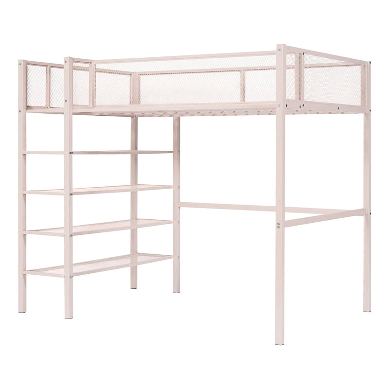 Metal Loft Bed with 4-Tier Shelves and Storage